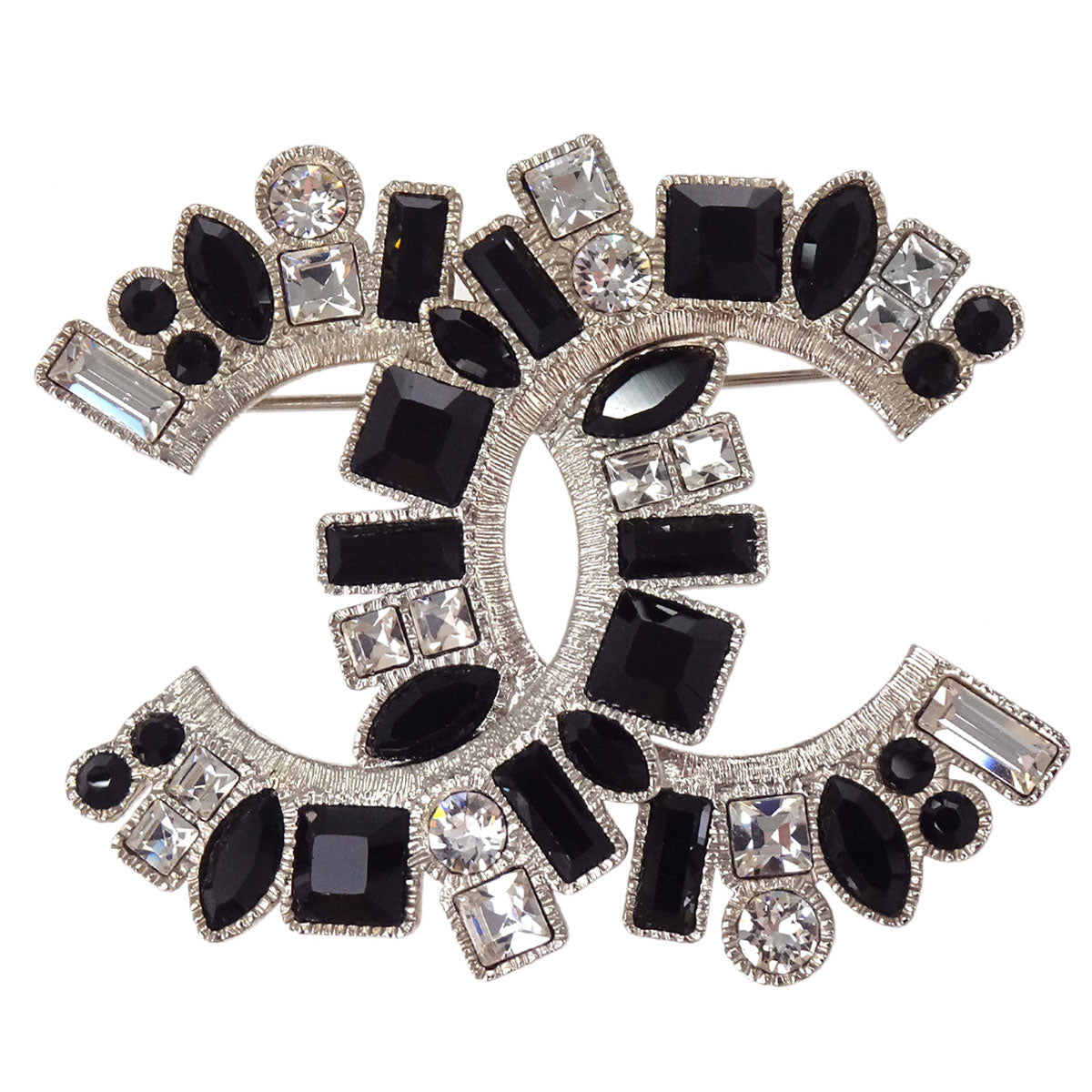 Chanel CC Brooch Pin Silver Black Rhinestone B17V