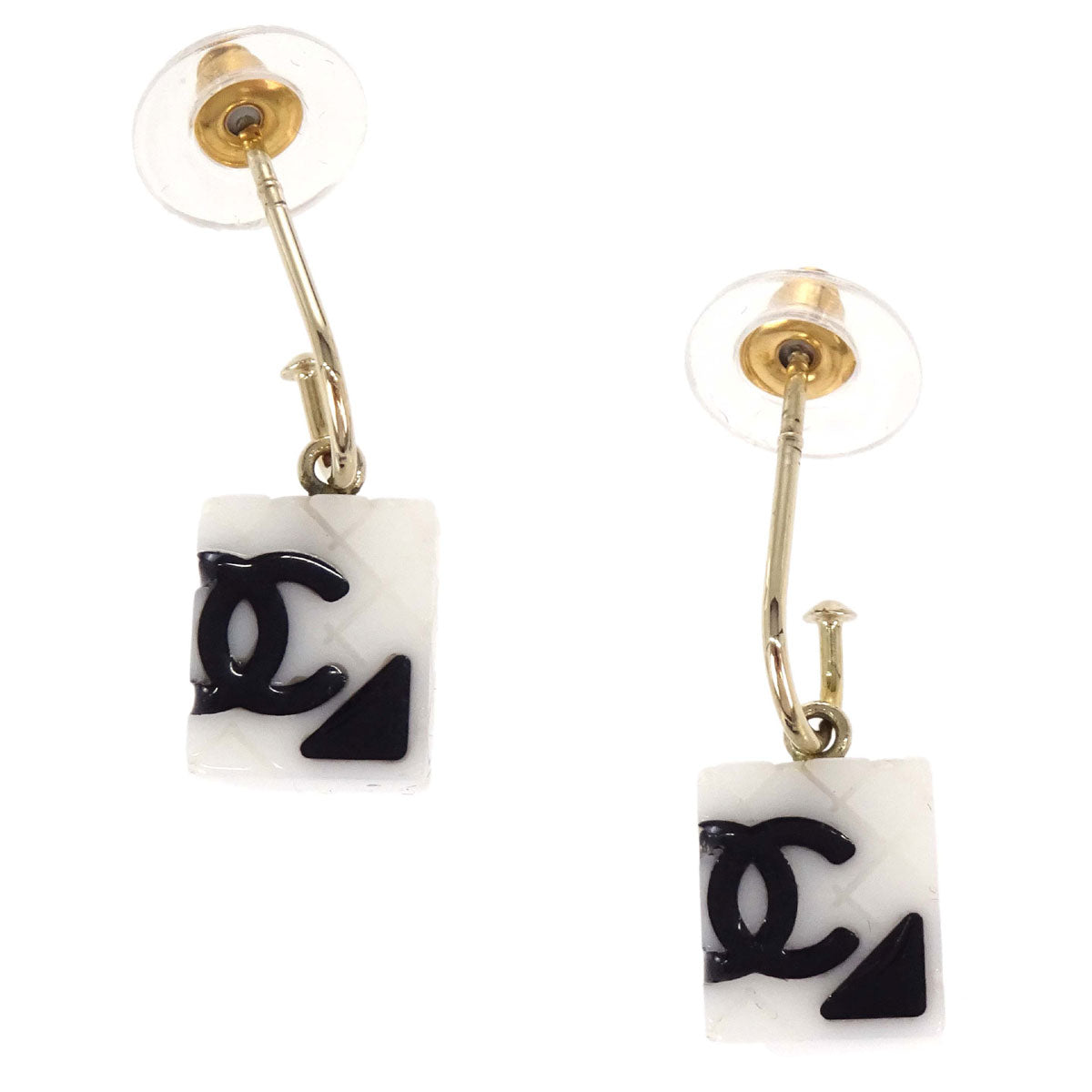 Chanel Dangle Cambon Ligne Pierced Earrings Gold White 05C