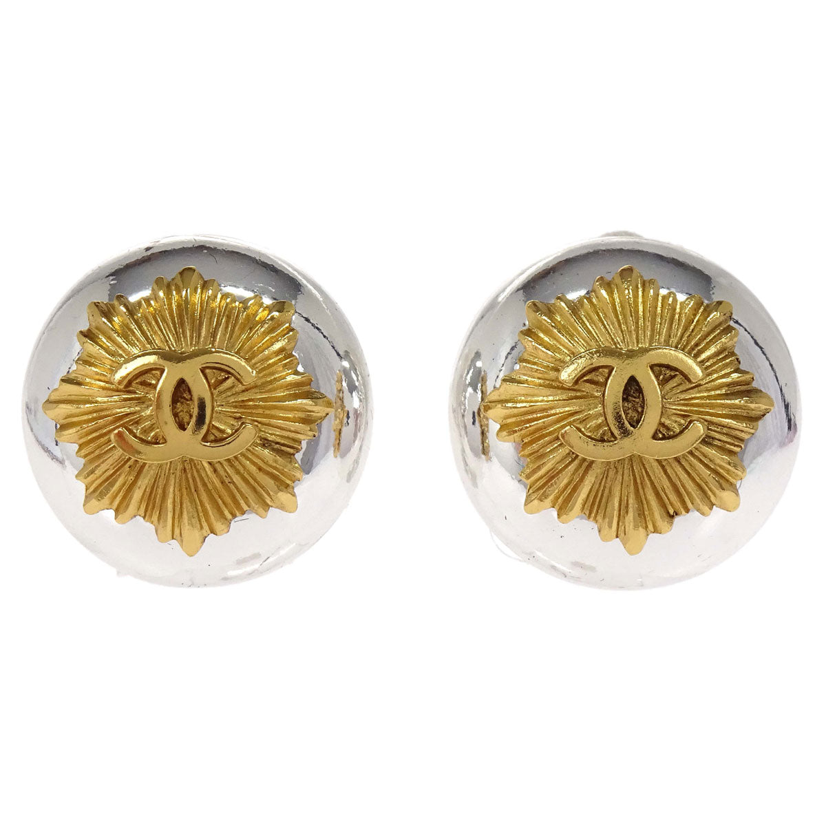 Chanel Button Clip-On Earrings Silver Gold 97P
