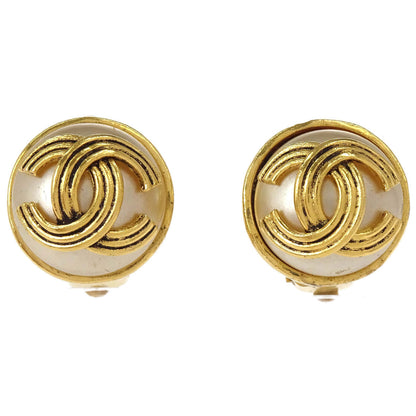 Chanel Costume Pearl Button Clip-On Earrings Gold 94A