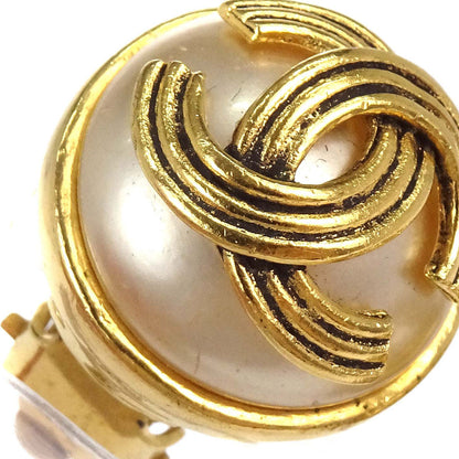 Chanel Costume Pearl Button Clip-On Earrings Gold 94A