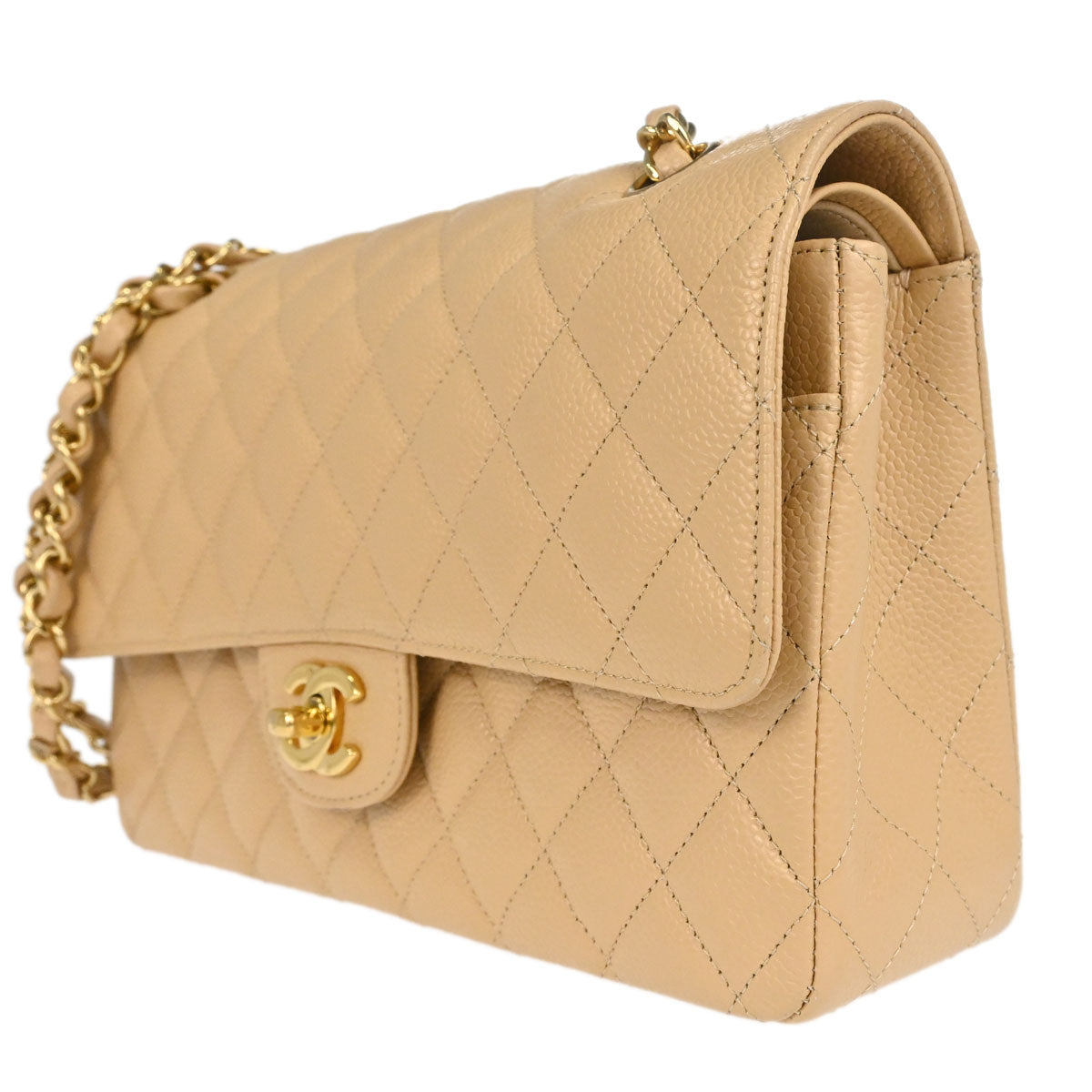 Chanel Beige Caviar Skin Medium Classic Double Flap Shoulder Bag