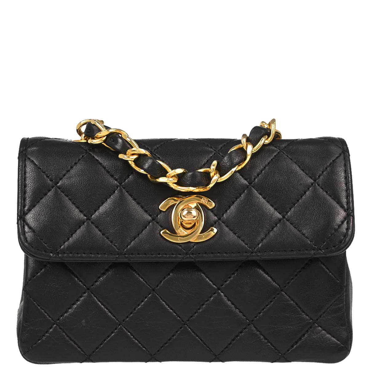 Chanel 1989-1991 Black Lambskin Straight Flap Shoulder Bag