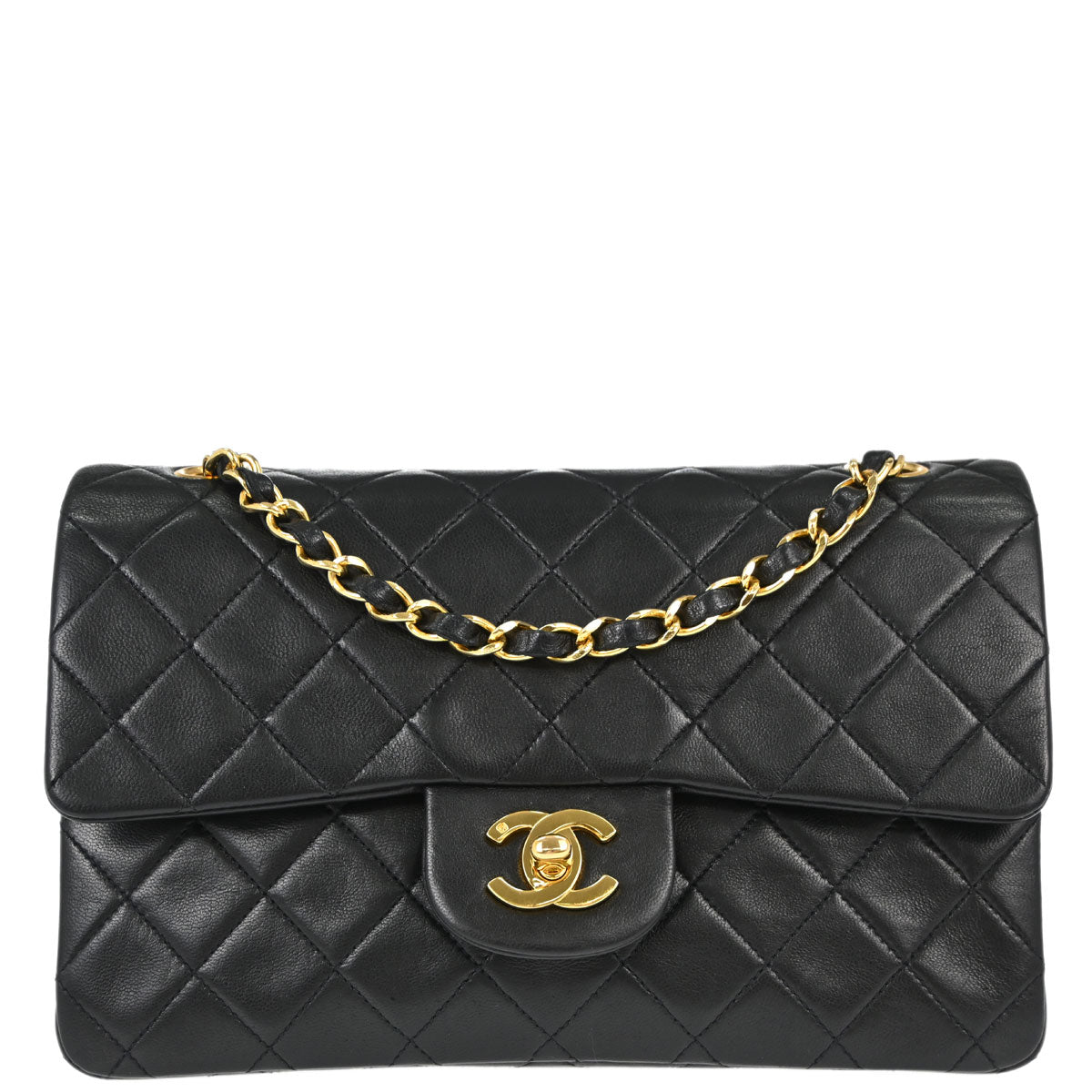 Chanel 1989-1991 Black Lambskin Small Double Flap Shoulder Bag