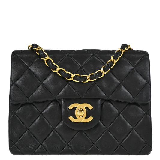 Chanel 1991-1994 Black Lambskin Mini Classic Square Flap Shoulder Bag 17