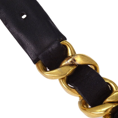 Chanel Chain Belt Leather Gold Black #75/30 96P Small Good