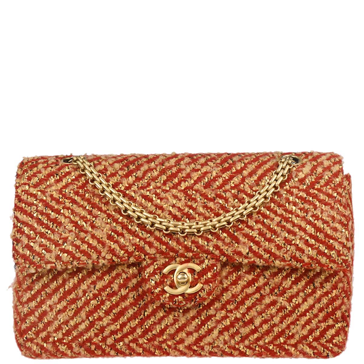 Chanel 2000-2002 Red Gold Tweed Single Flap Shoulder Bag