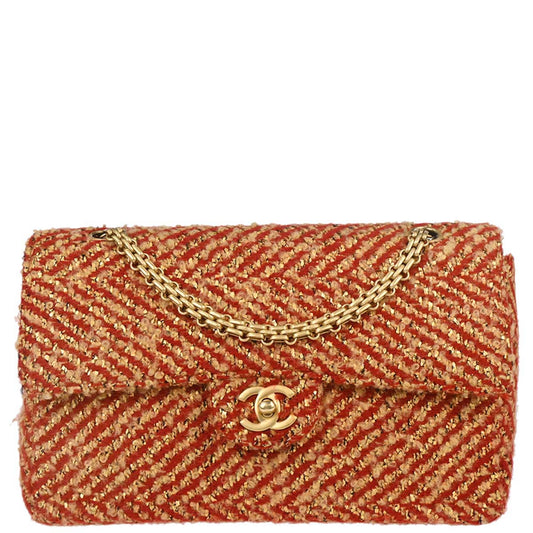 Chanel 2000-2002 Red Gold Tweed Single Flap Shoulder Bag