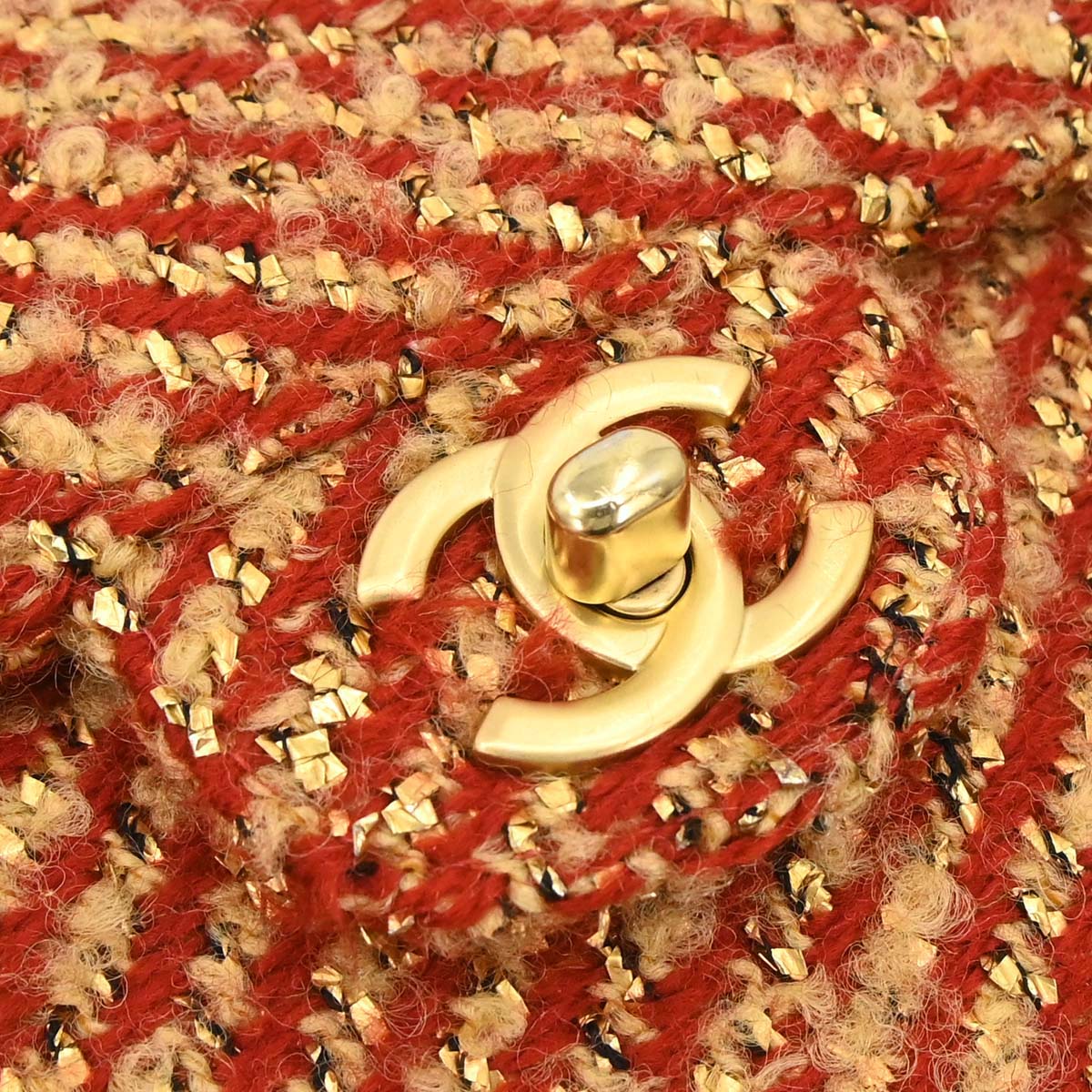 Chanel 2000-2002 Red Gold Tweed Single Flap Shoulder Bag