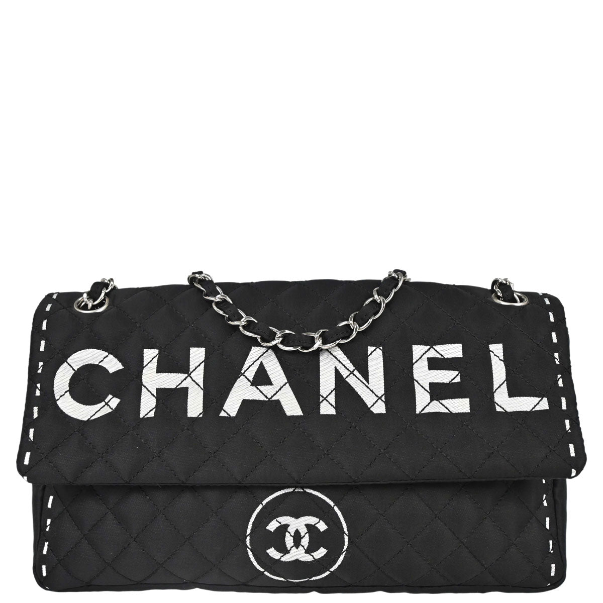 Chanel 2008-2009 Black Satin Logomania Flap Shoulder Bag