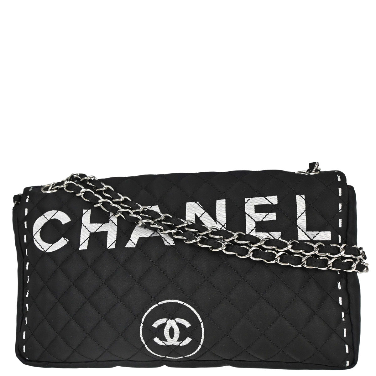 Chanel 2008-2009 Black Satin Logomania Flap Shoulder Bag