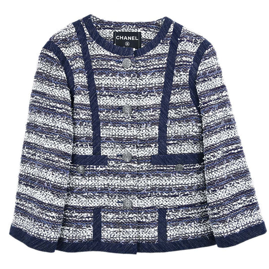 Chanel 2013 Single Breasted Collarless Tweed Jacket Navy #36
