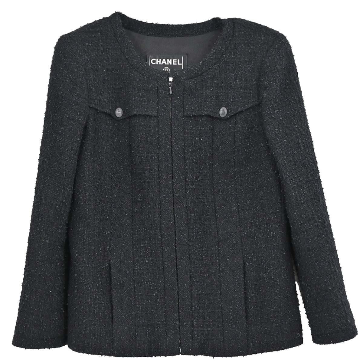 Chanel 2004 Zip Up Collarless Tweed Jacket Black #36