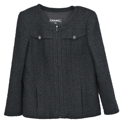 Chanel 2004 Zip Up Collarless Tweed Jacket Black #36