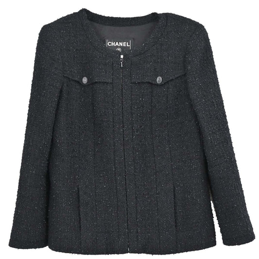 Chanel 2004 Zip Up Collarless Tweed Jacket Black #36