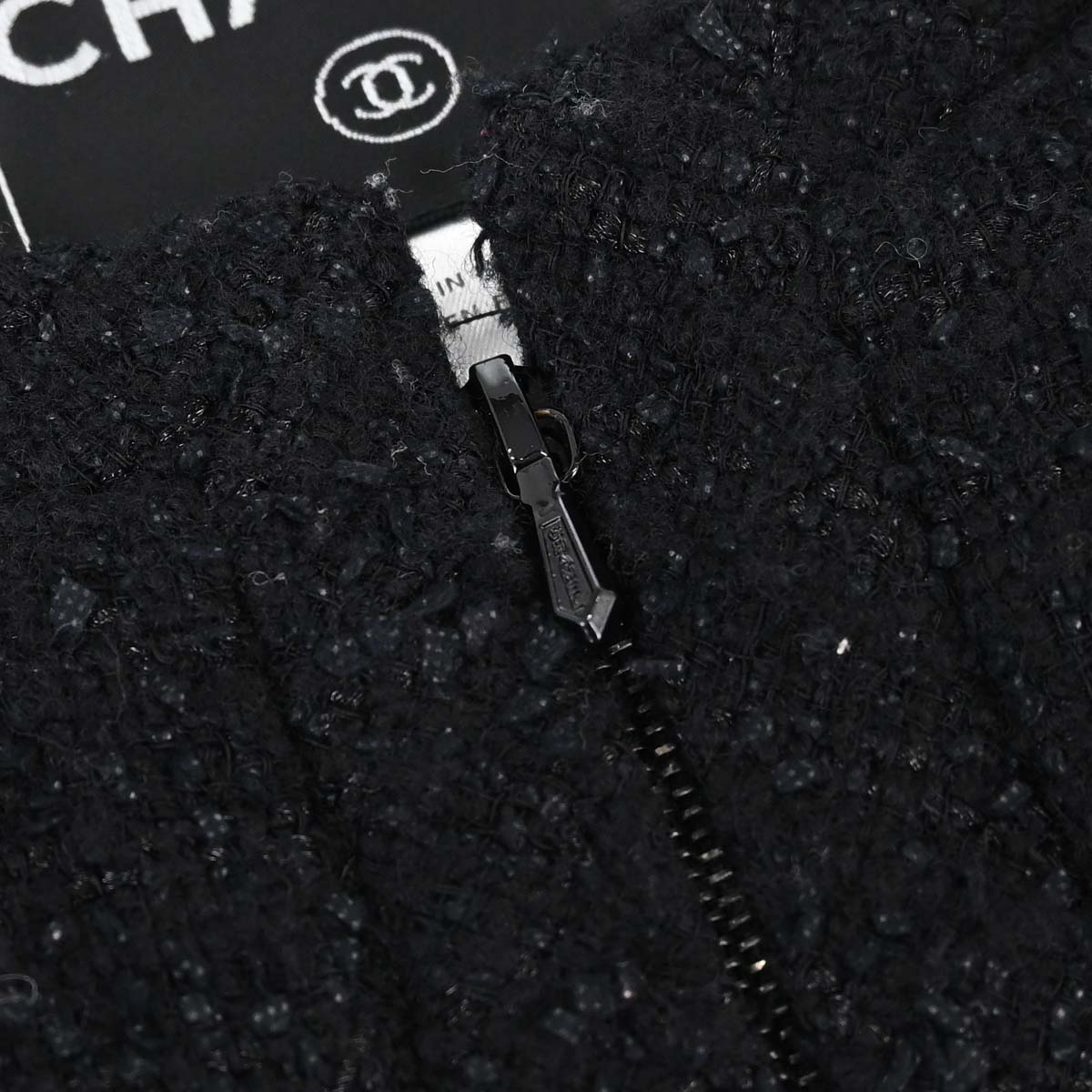Chanel 2004 Zip Up Collarless Tweed Jacket Black #36