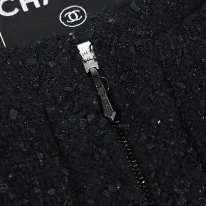 Chanel 2004 Zip Up Collarless Tweed Jacket Black #36