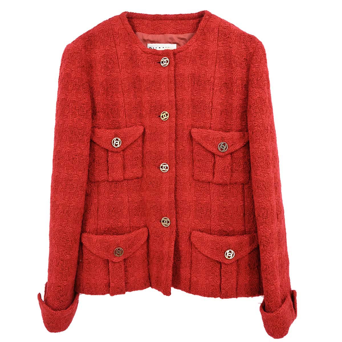 Chanel Single Breasted Collarless Tweed Check Jacket Red #36