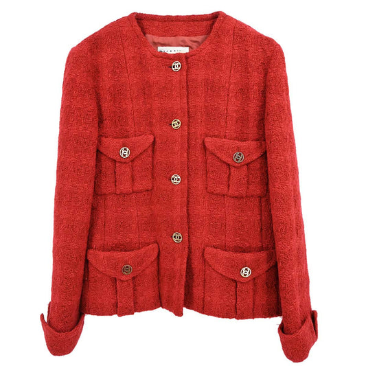 Chanel Single Breasted Collarless Tweed Check Jacket Red #36