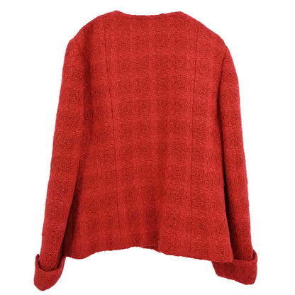 Chanel Single Breasted Collarless Tweed Check Jacket Red #36