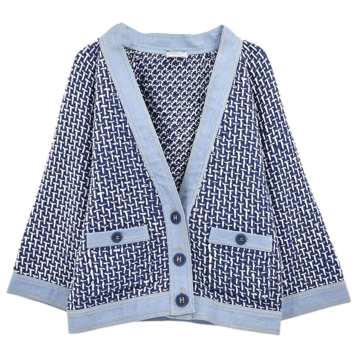 Chanel 2007 Collarless Tweed Cardigan Blue #36