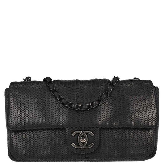 Chanel 2014 Black Lambskin Laser Cut Single Flap Shoulder Bag