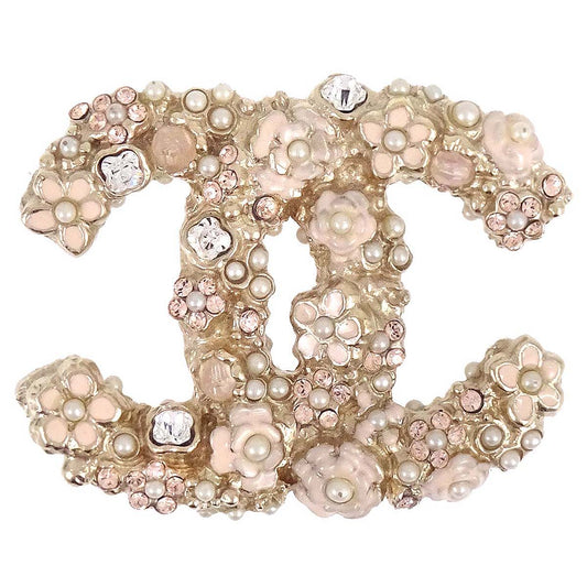 Chanel CC Flower Brooch Pin Gold Rhinestone Costume Pearl B11A