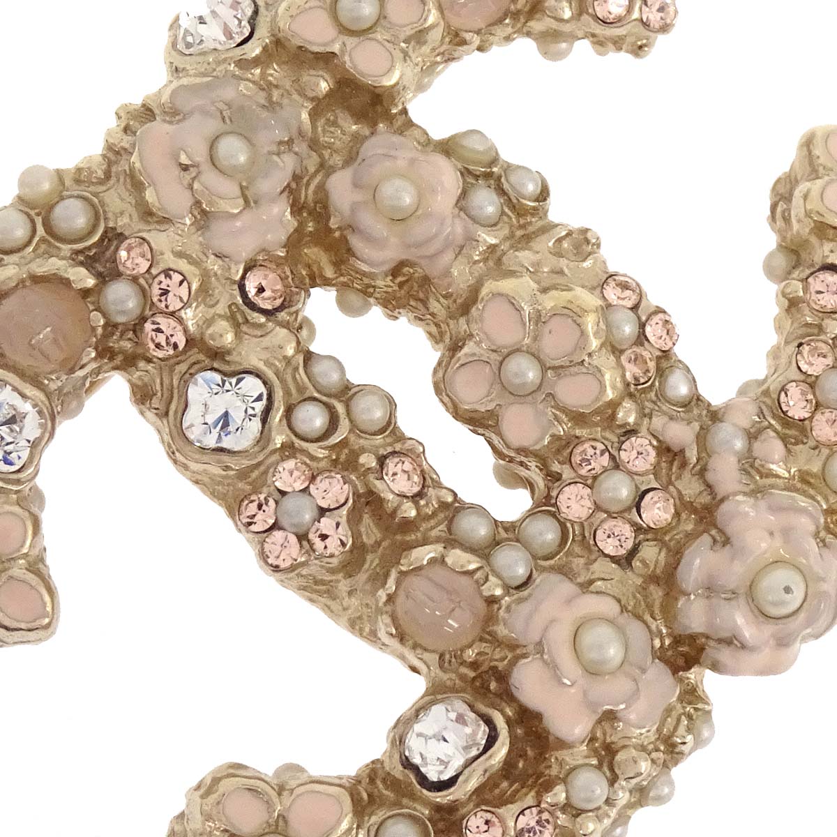 Chanel CC Flower Brooch Pin Gold Rhinestone Costume Pearl B11A