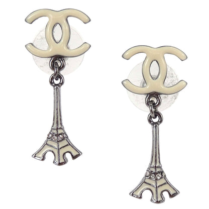 Chanel CC Dangle Eiffel Tower Pierced Earrings Silver Rhinestone 06C