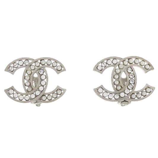 Chanel CC Silver Rhinestone Costume Pearl Clip-On Earrings B18A