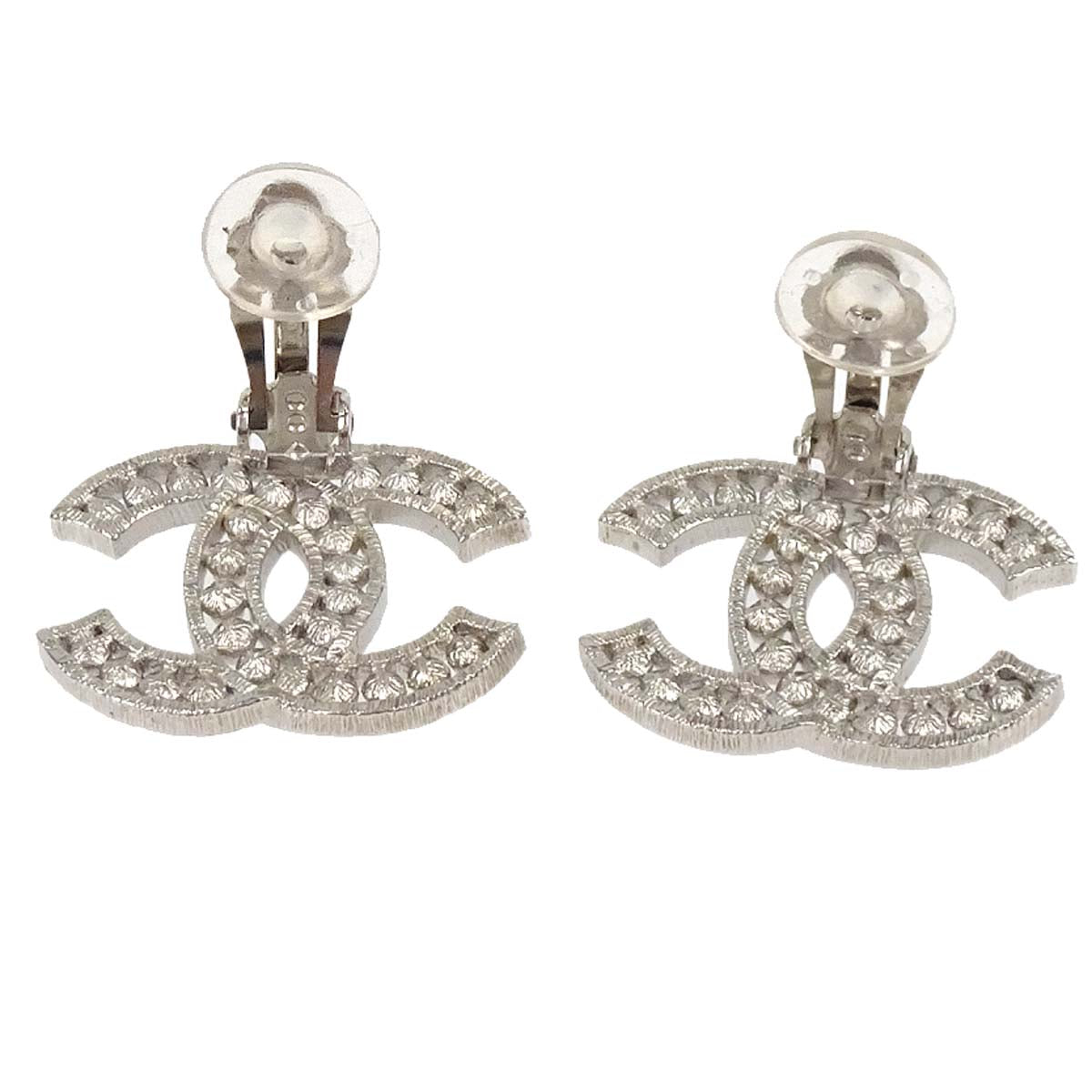 Chanel CC Silver Rhinestone Costume Pearl Clip-On Earrings B18A