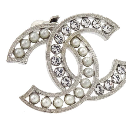 Chanel CC Silver Rhinestone Costume Pearl Clip-On Earrings B18A