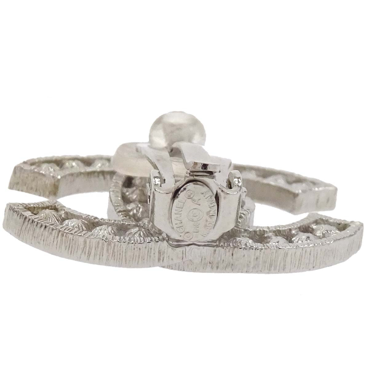 Chanel CC Silver Rhinestone Costume Pearl Clip-On Earrings B18A