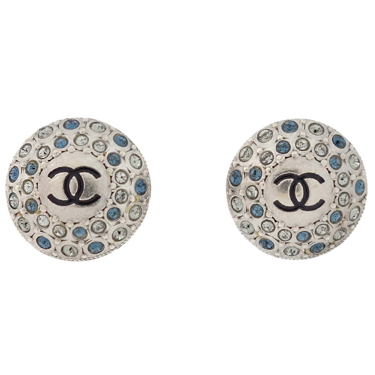 Chanel Button CC Pierced Earrings Silver Rhinestone A16B