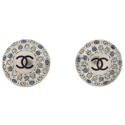 Chanel Button CC Pierced Earrings Silver Rhinestone A16B