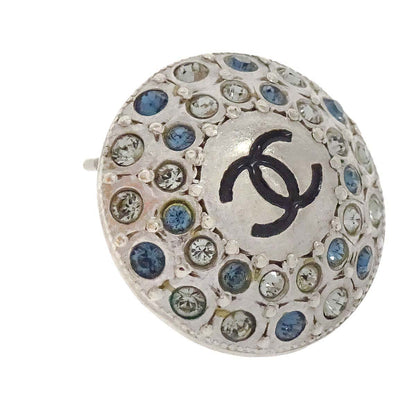Chanel Button CC Pierced Earrings Silver Rhinestone A16B