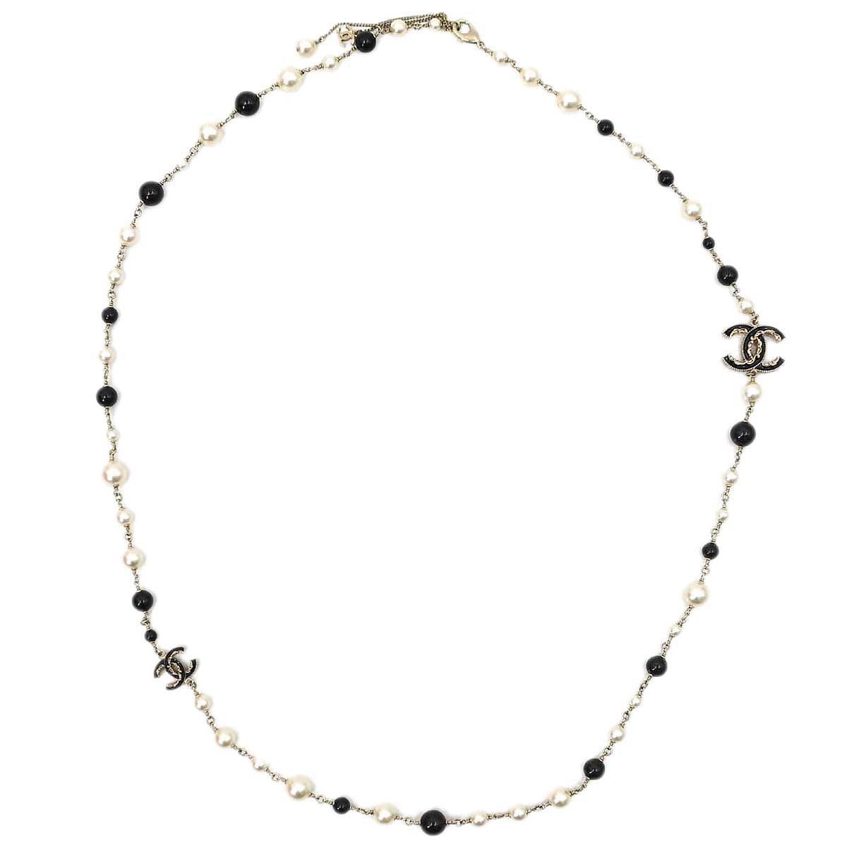 Chanel Long Chain Necklace CC Gold Black Costume Pearl B13C