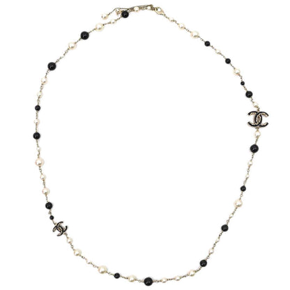 Chanel Long Chain Necklace CC Gold Black Costume Pearl B13C