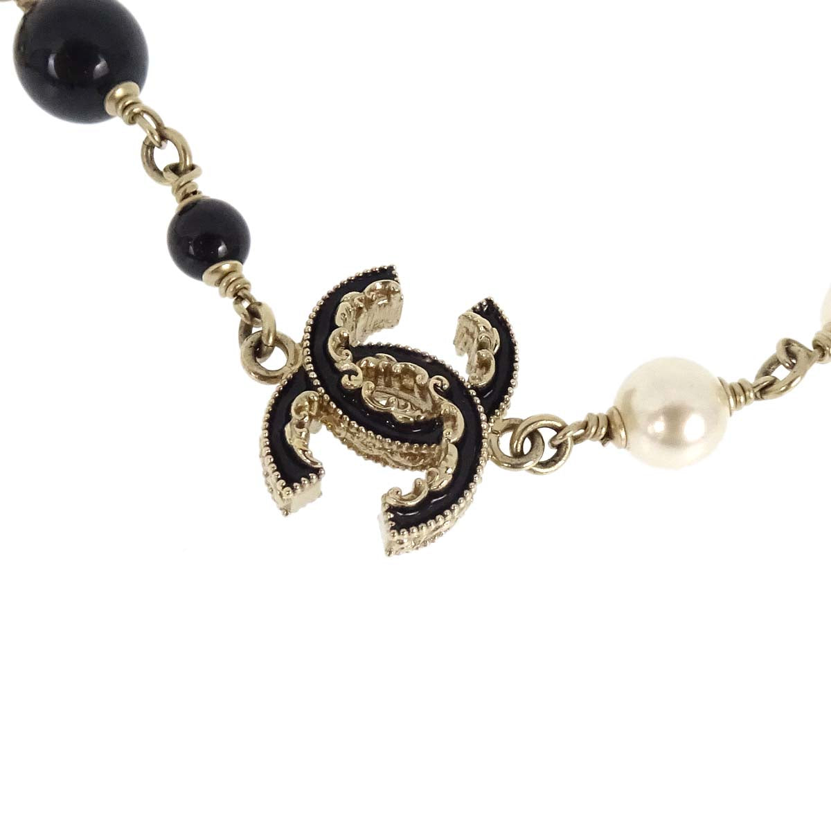 Chanel Long Chain Necklace CC Gold Black Costume Pearl B13C