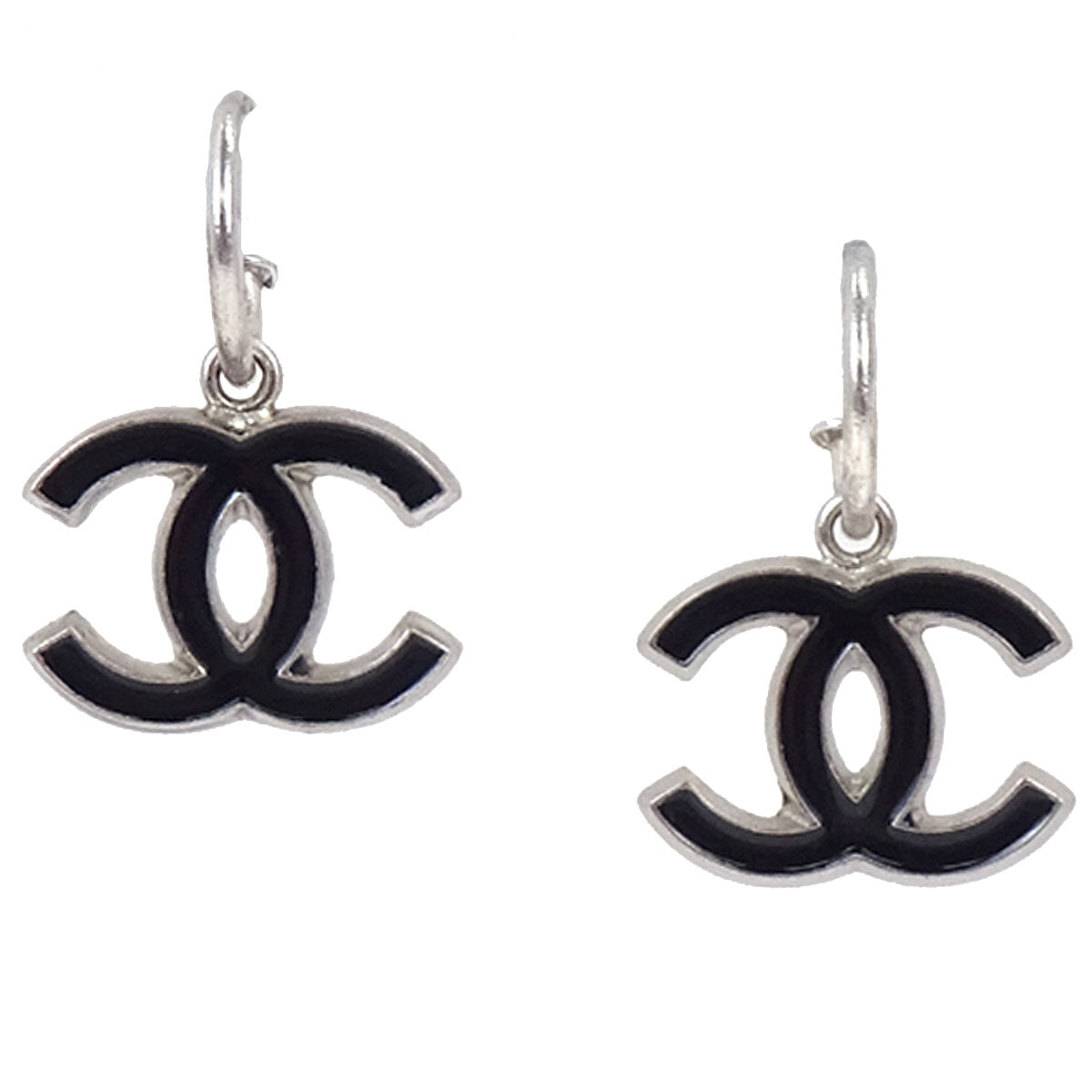 Chanel Dangle CC Pierced Earrings Silver Black 05A