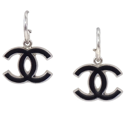 Chanel Dangle CC Pierced Earrings Silver Black 05A