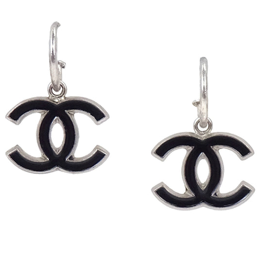 Chanel Dangle CC Pierced Earrings Silver Black 05A