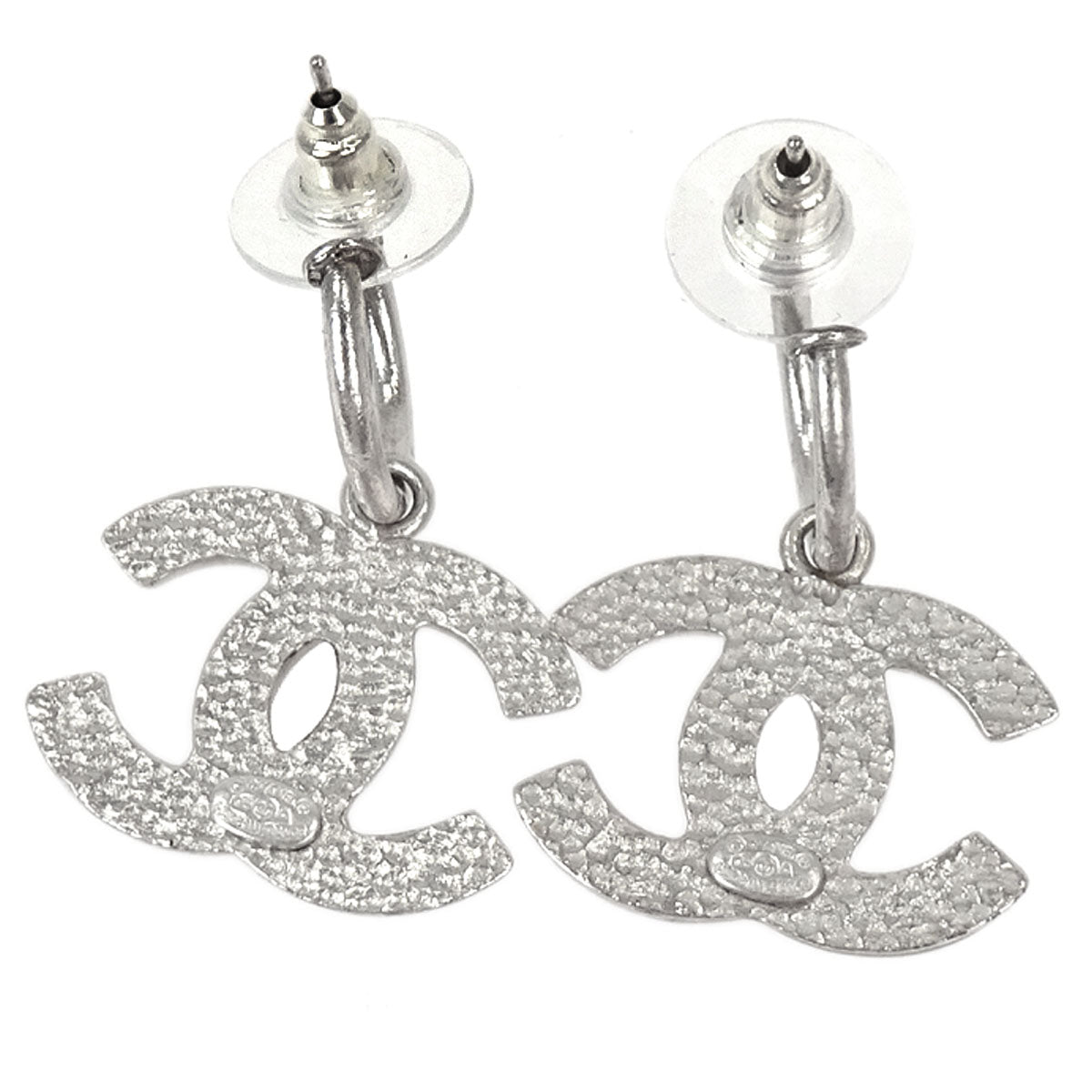 Chanel Dangle CC Pierced Earrings Silver Black 05A