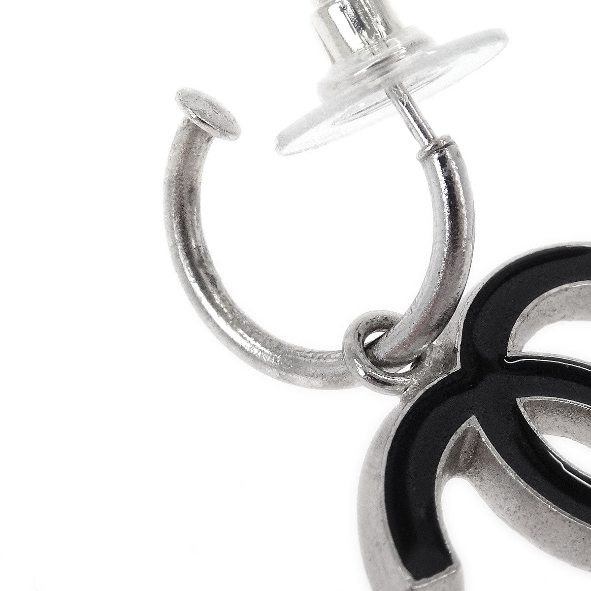 Chanel Dangle CC Pierced Earrings Silver Black 05A