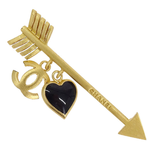 Chanel Dangle CC Heart Arrow Brooch Pin Gold 02P