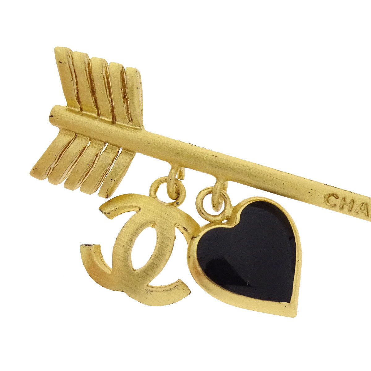 Chanel Dangle CC Heart Arrow Brooch Pin Gold 02P