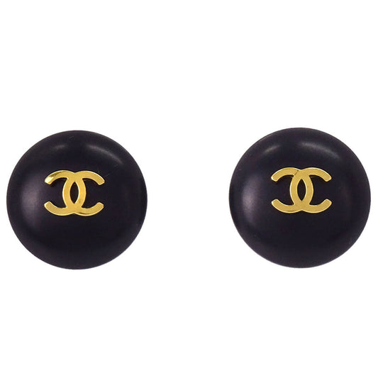 Chanel Button Clip-On Earrings Gold Black 95P