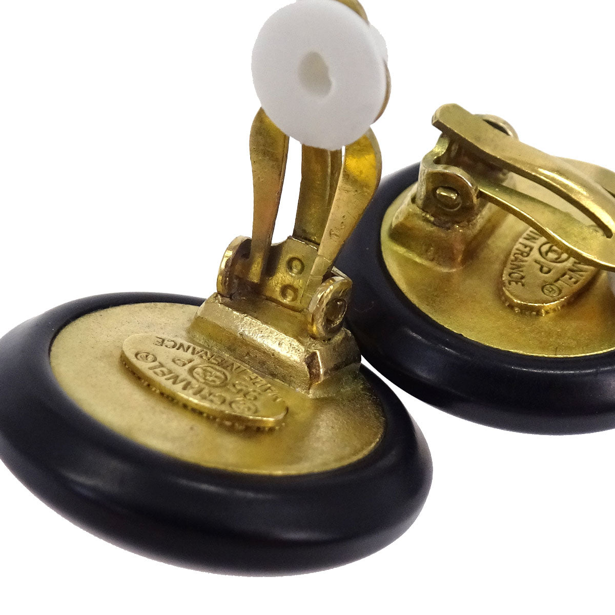 Chanel Button Clip-On Earrings Gold Black 95P