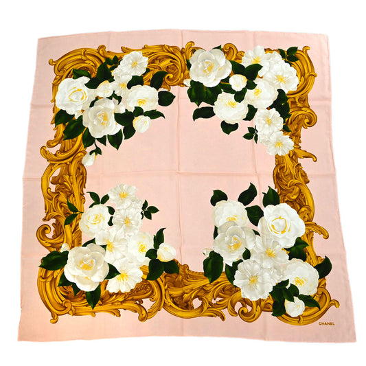 Chanel Pink White Camellia Scarf Small Good