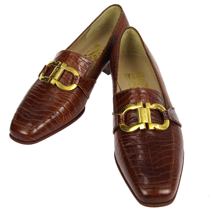 Salvatore Ferragamo Brown Embossed Leather Gancini Loafers Shoes